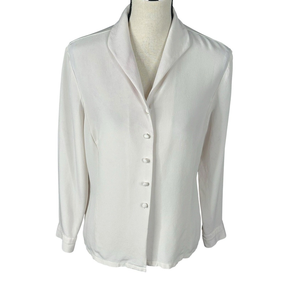 Ann Taylor Ivory 100% Silk Collared Button-Front Long Sleeve Blouse 14P